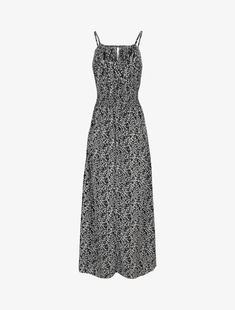 Langes Kleid mit Blumenmuster und bestickter Taille - Schwarz