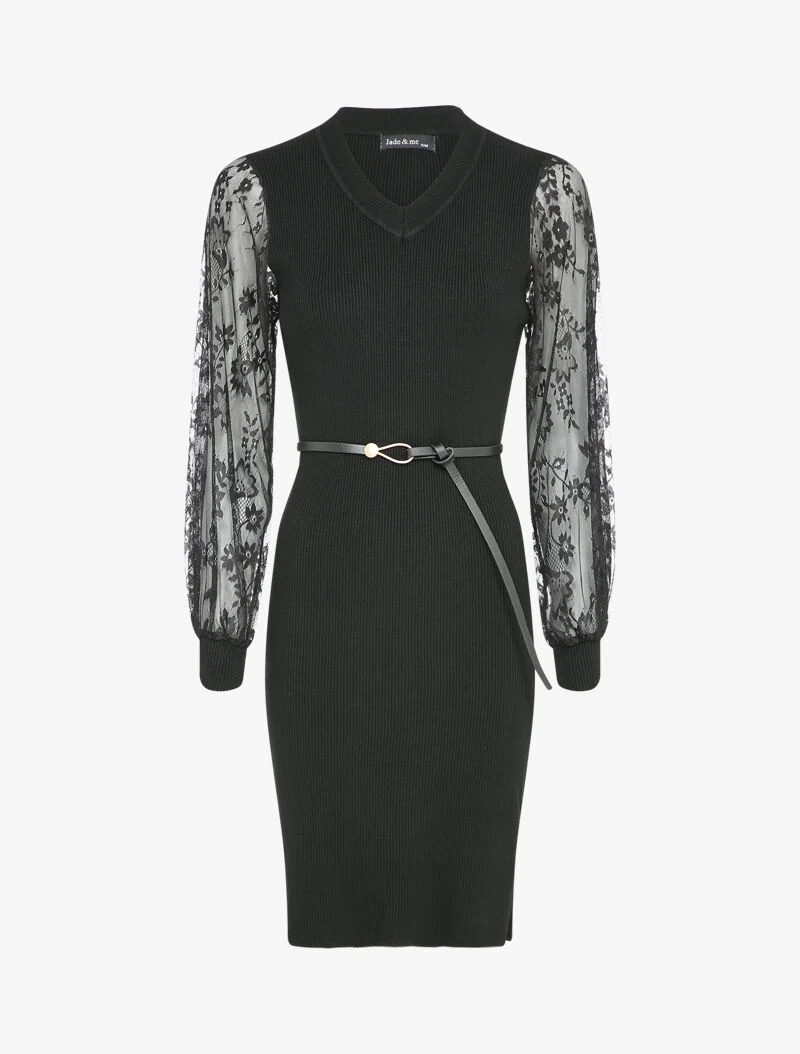 Geripptes Kleid mit Ärmeln aus Blumen-Spitze - Schwarz