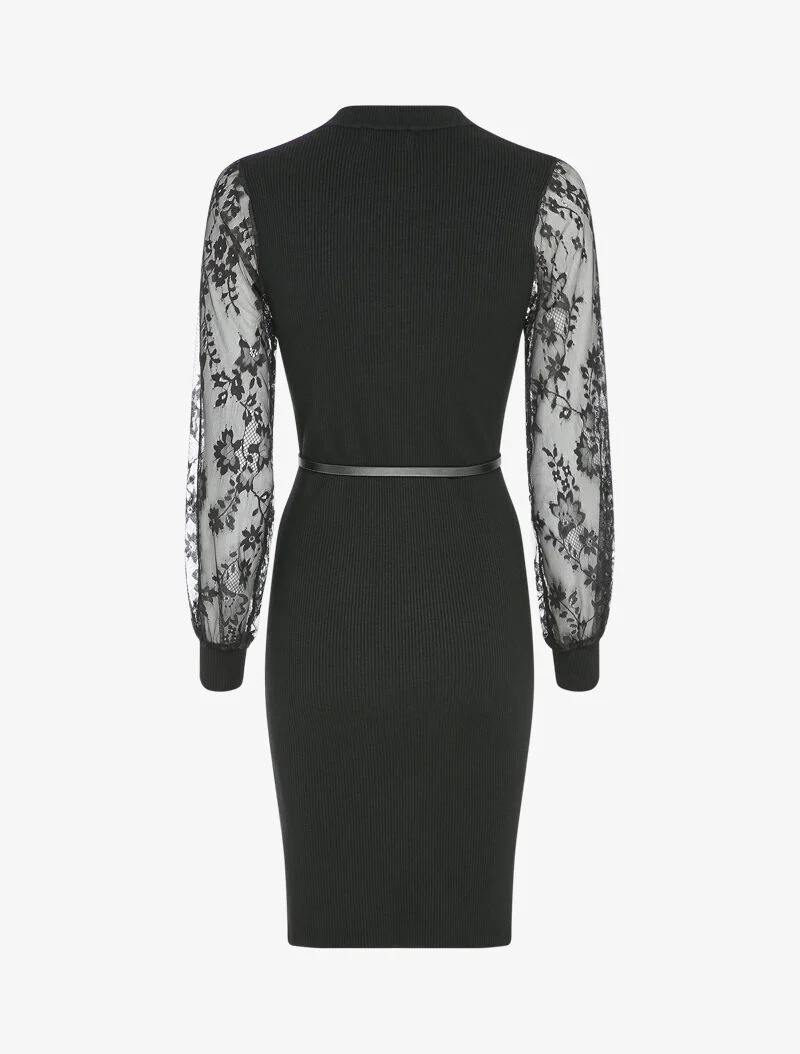 Geripptes Kleid mit Ärmeln aus Blumen-Spitze - Schwarz