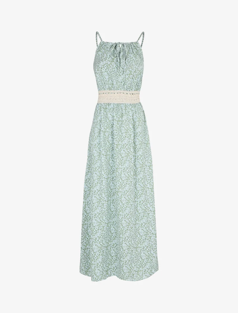 Langes Kleid mit Blumenmuster und bestickter Taille - Himmelblau