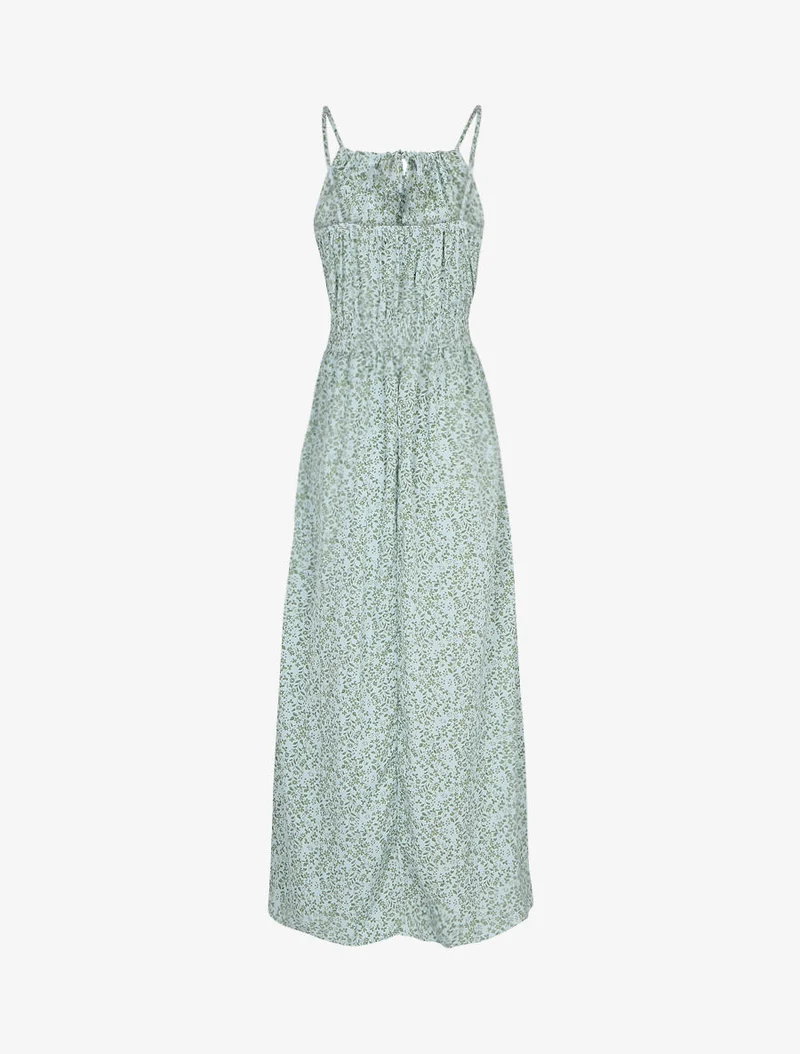 Langes Kleid mit Blumenmuster und bestickter Taille - Himmelblau