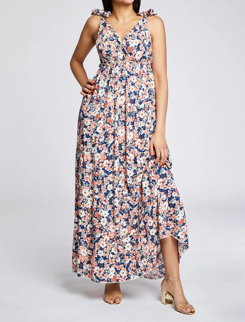 Langes Kleid mit Blumenmuster - Marine
