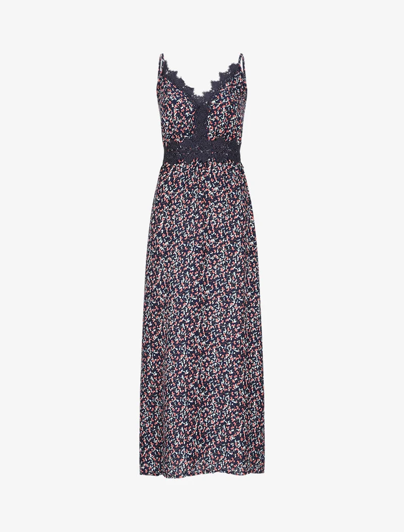Langes Kleid mit grafischen Blumen und feinen Stickereien - Marine