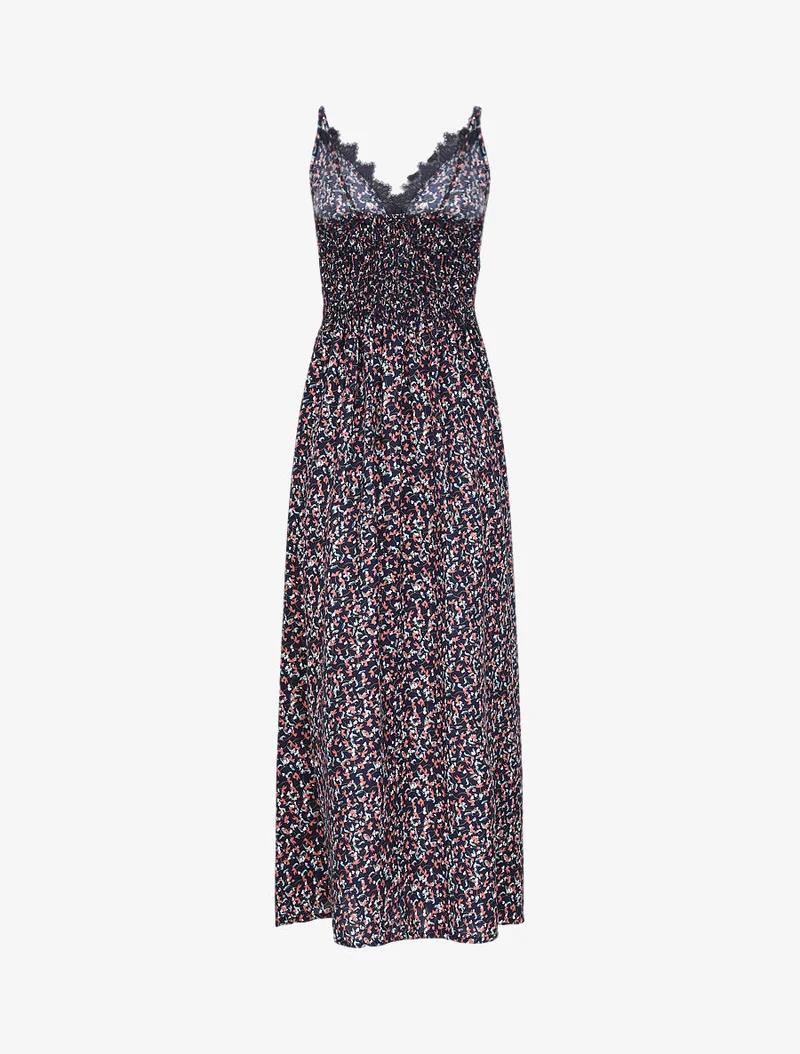 Langes Kleid mit grafischen Blumen und feinen Stickereien - Marine