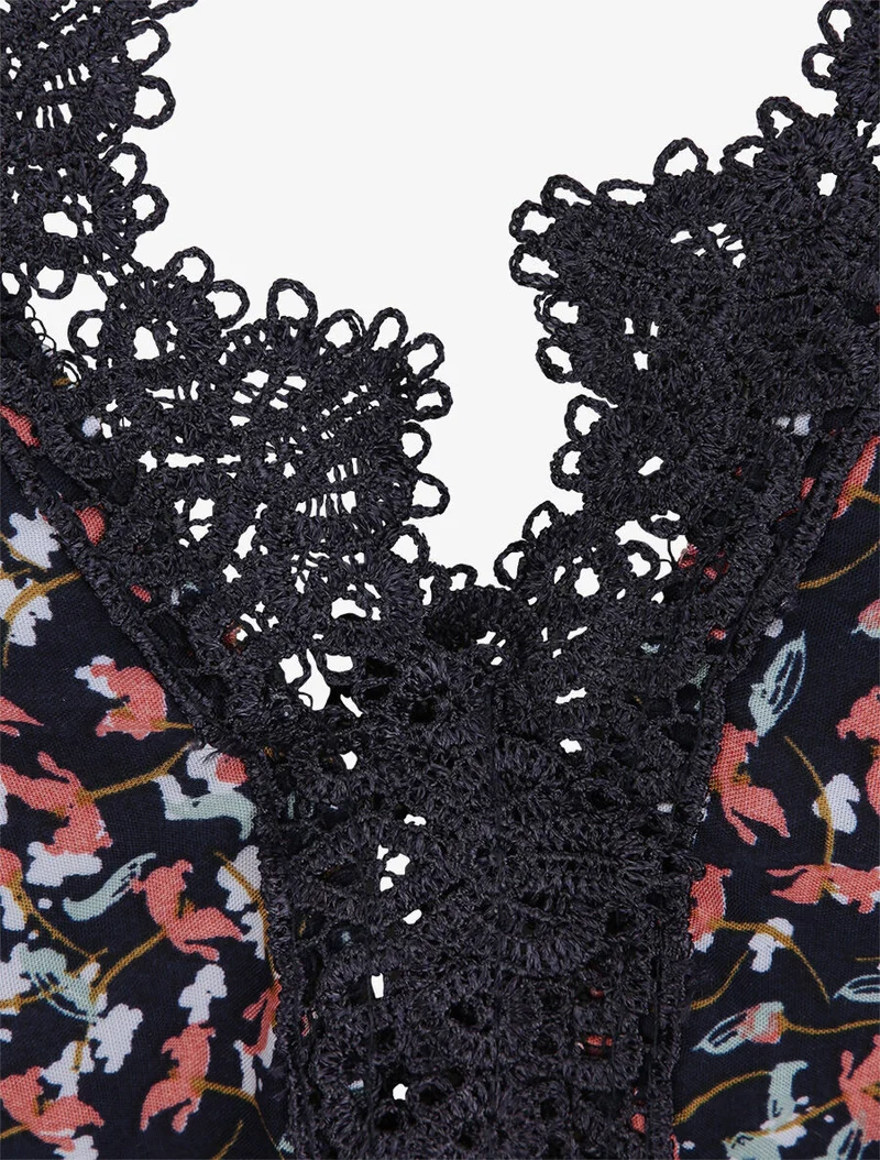 Langes Kleid mit grafischen Blumen und feinen Stickereien - Marine
