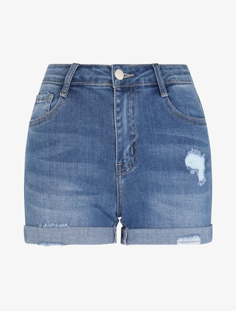 Zerrissene Jeansshorts mit umgeschlagenen Kanten - Blau