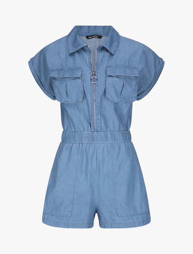 Einfarbiger Jeans-Overall mit kurzen Ärmeln - Blau