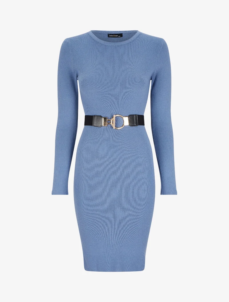 Einfärbiges Pulloverkleid mit stilisiertem Gürtel - Himmelblau