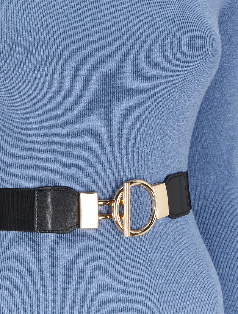 Einfärbiges Pulloverkleid mit stilisiertem Gürtel - Himmelblau