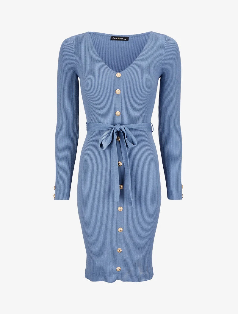 Geripptes, mittellanges Strickkleid mit dekorativen Knöpfen - Blau