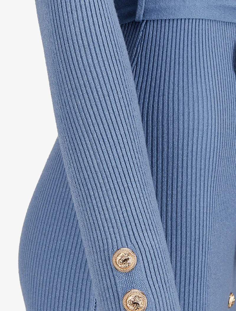 Geripptes, mittellanges Strickkleid mit dekorativen Knöpfen - Blau