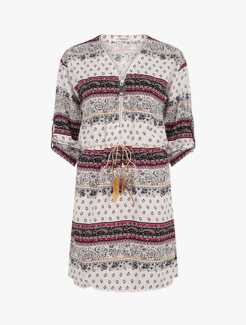 Fließendes Kleid mit Reißverschlusskragen, Mosaik- und Blumenmuster - Weiß