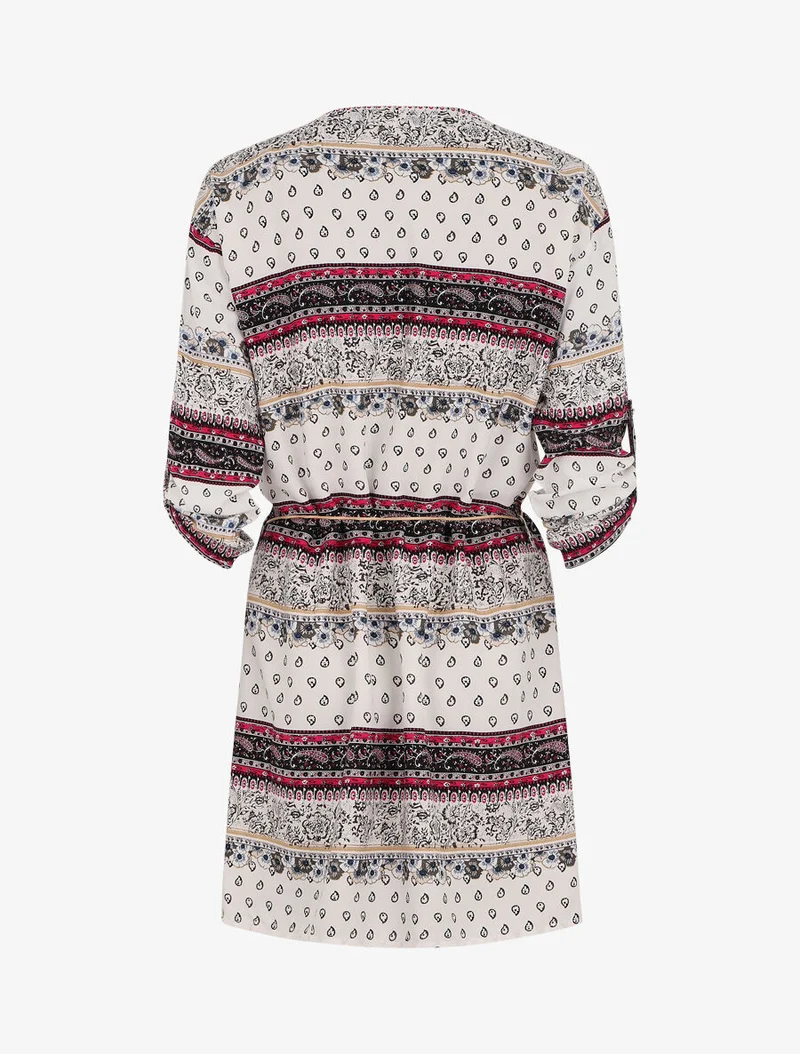 Fließendes Kleid mit Reißverschlusskragen, Mosaik- und Blumenmuster - Weiß