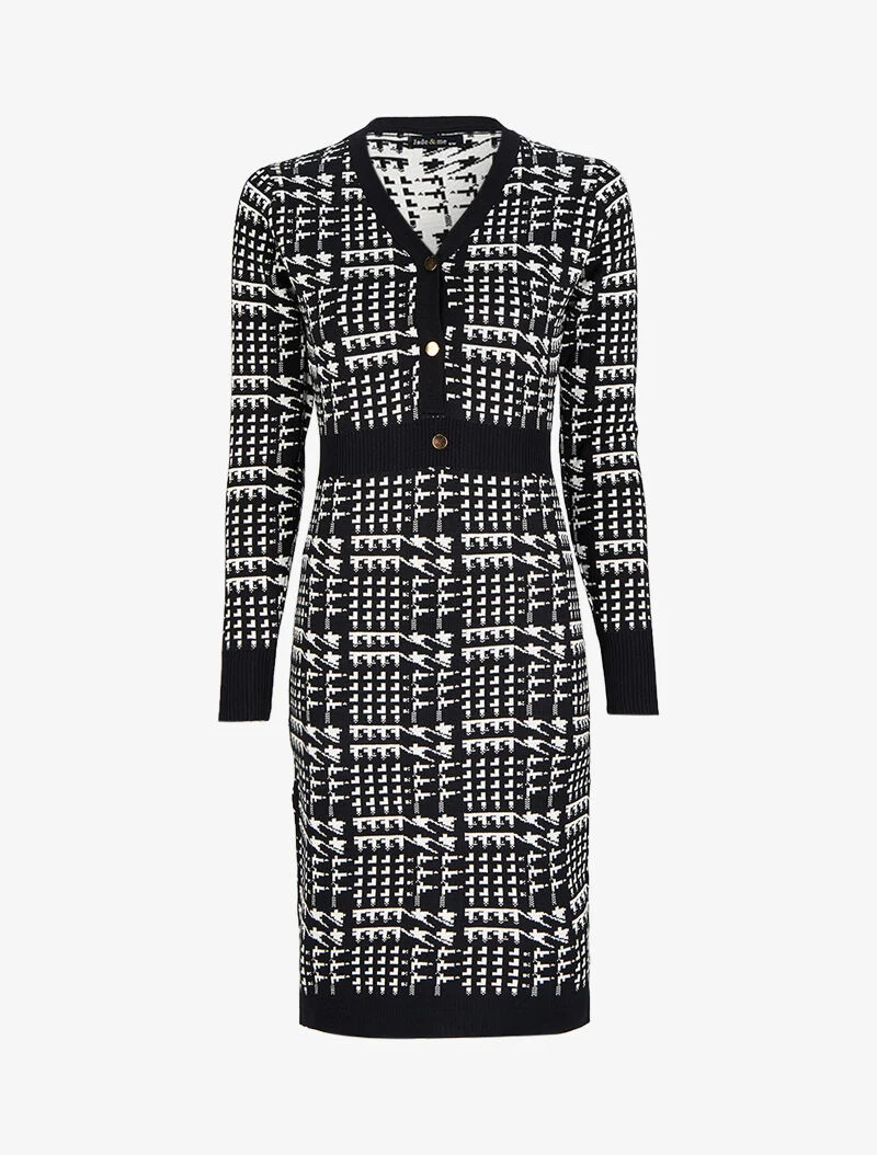 Midikleid mit V-Ausschnitt und grafischem Print - Schwarz/Weiß