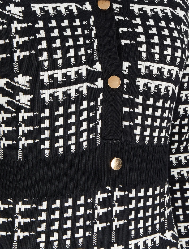 Midikleid mit V-Ausschnitt und grafischem Print - Schwarz/Weiß