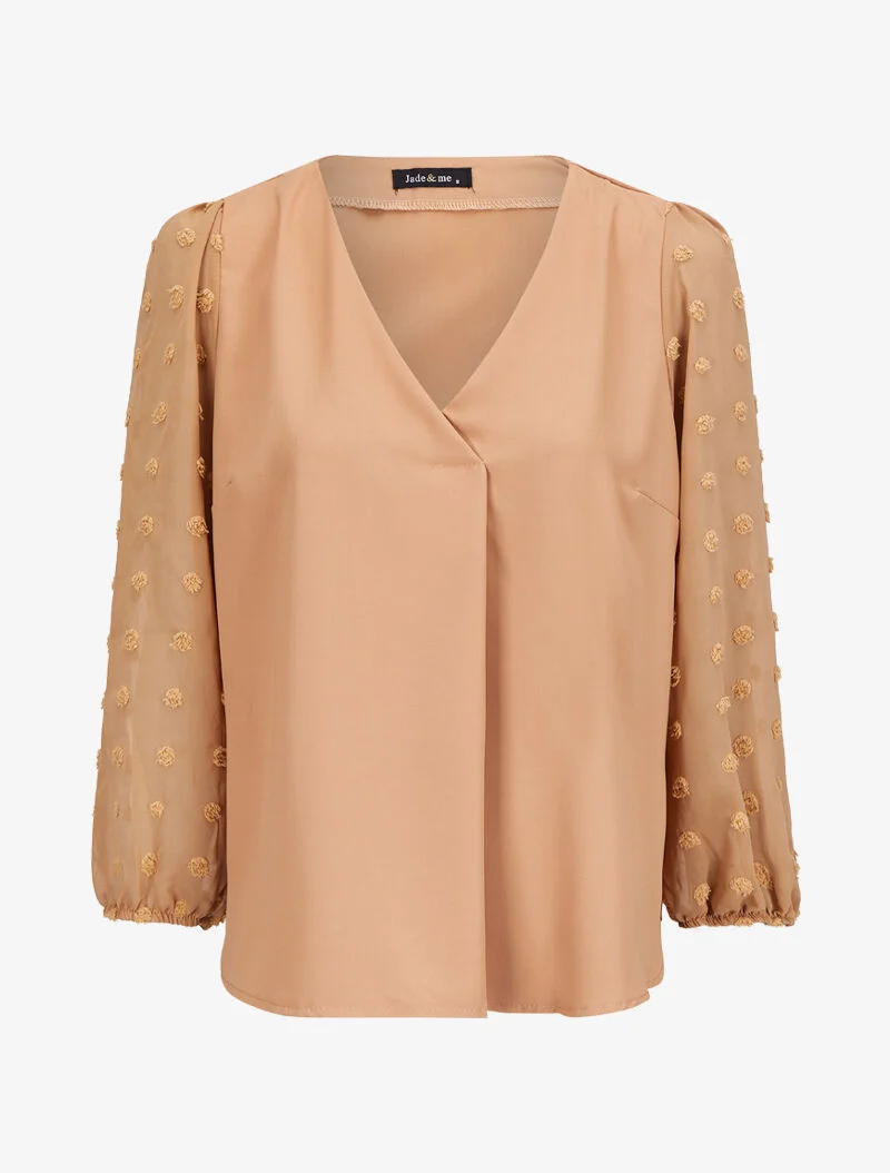 Bluse mit transparenten Ärmeln im Plumetis-Stil - Kamel