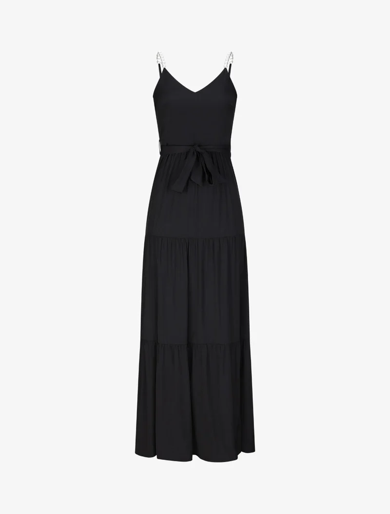 Langes einfarbiges Empire-Kleid mit Trägern und Perlen - Schwarz