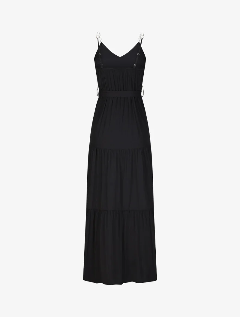 Langes einfarbiges Empire-Kleid mit Trägern und Perlen - Schwarz