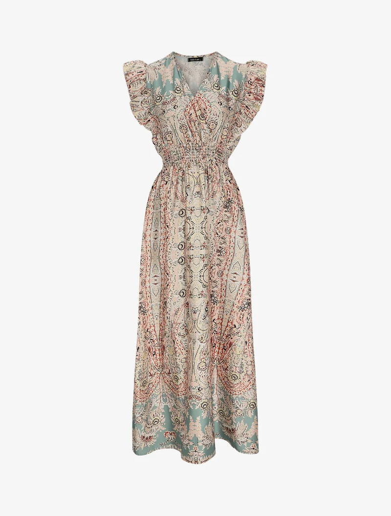 Satiniertes Empire-Maxikleid mit stilisiertem Paisleymuster - Wassergrün