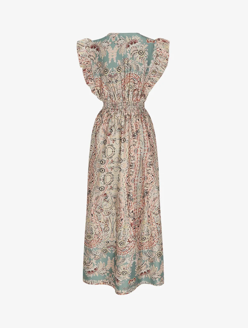 Satiniertes Empire-Maxikleid mit stilisiertem Paisleymuster - Wassergrün
