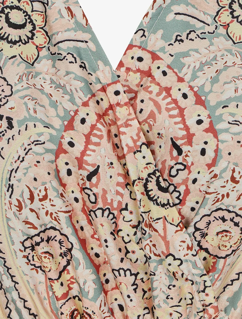 Satiniertes Empire-Maxikleid mit stilisiertem Paisleymuster - Wassergrün