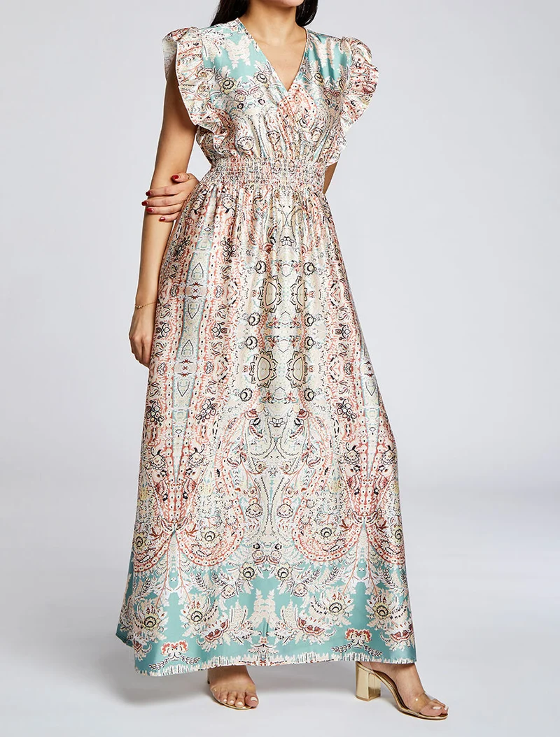 Satiniertes Empire-Maxikleid mit stilisiertem Paisleymuster - Wassergrün