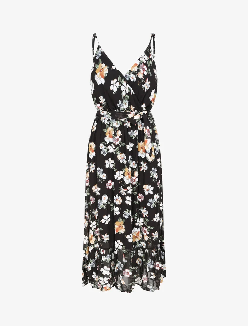 Langes tailliertes Kleid mit Blumenmuster - Schwarz