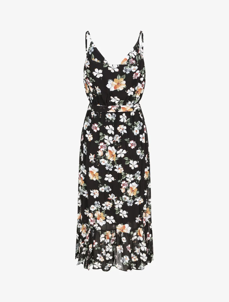 Langes tailliertes Kleid mit Blumenmuster - Schwarz
