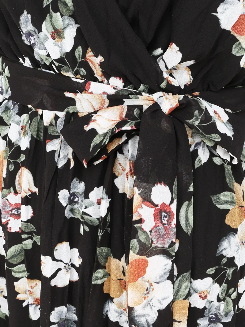 Langes tailliertes Kleid mit Blumenmuster - Schwarz