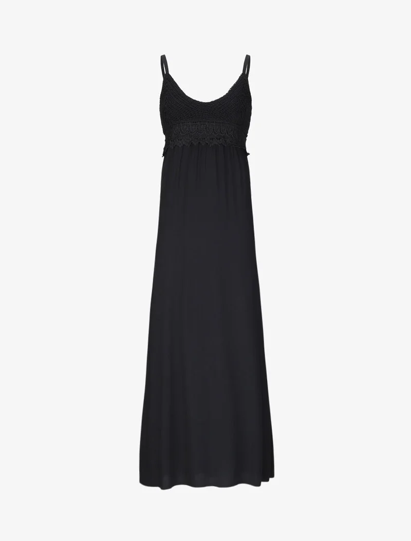 Langes Empire-Kleid mit gehäkeltem Brustteil - Schwarz