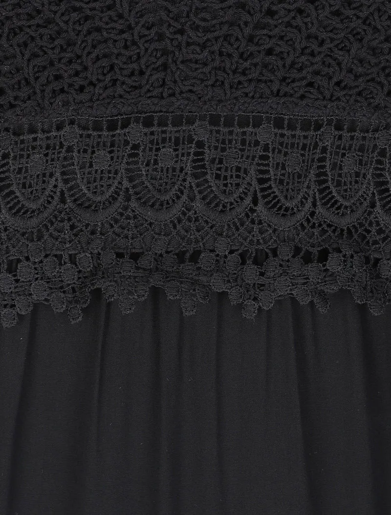 Langes Empire-Kleid mit gehäkeltem Brustteil - Schwarz