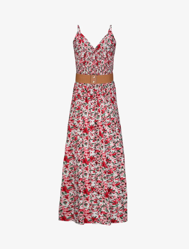 Empirekleid mit Trägern und abstraktem Blumenmuster. - Weiß