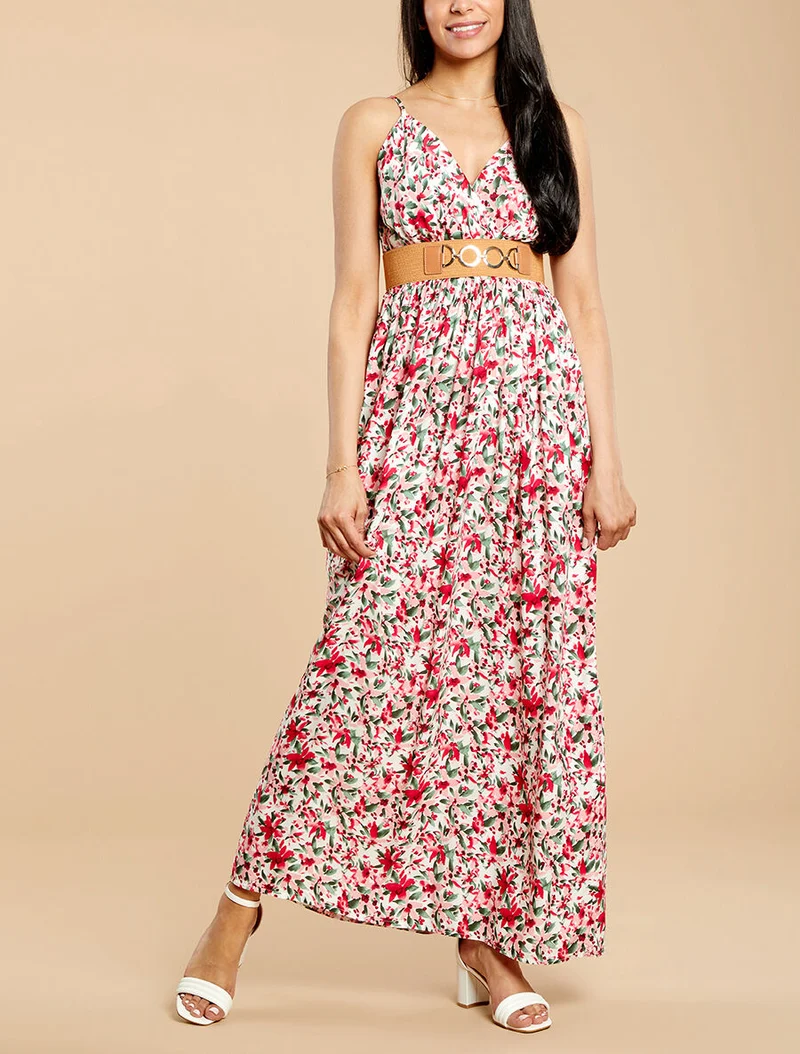 Empirekleid mit Trägern und abstraktem Blumenmuster. - Weiß