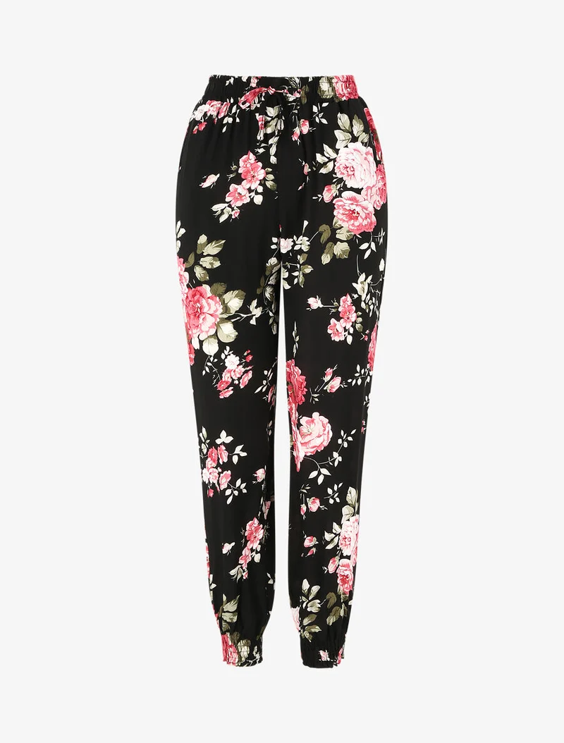 Fließende Hose mit Blumenmuster und elastischen Abschlüssen - Schwarz
