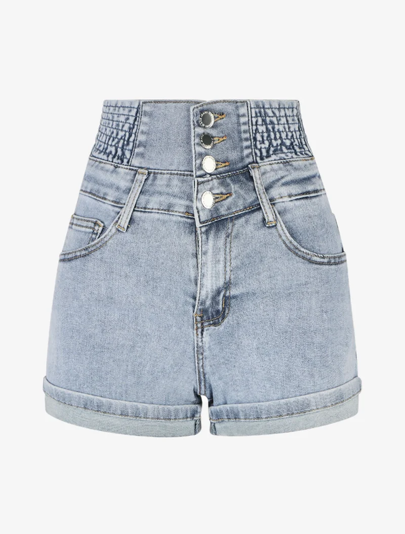 Jeansshorts mit umgeschlagenem Saum und elastischem Bund in hoher Taille - Blau