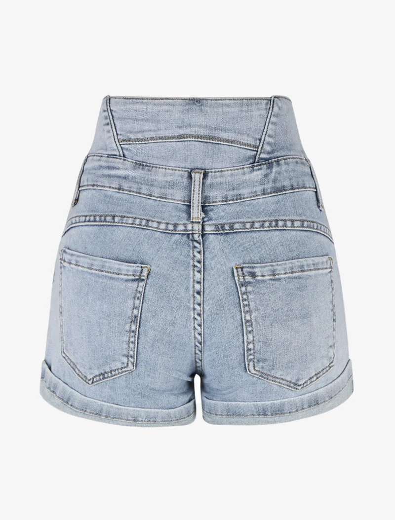 Jeansshorts mit umgeschlagenem Saum und elastischem Bund in hoher Taille - Blau