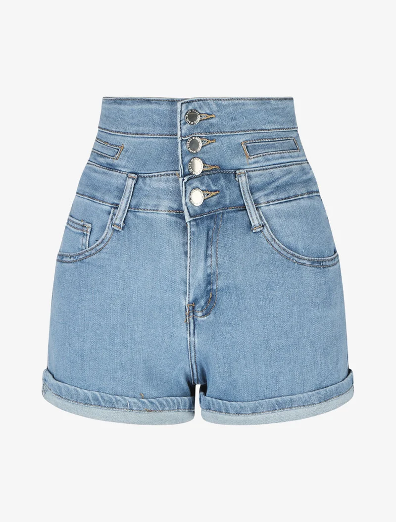 Jeansshort mit hohem Bund und umgeschlagenen Säumen - Blau
