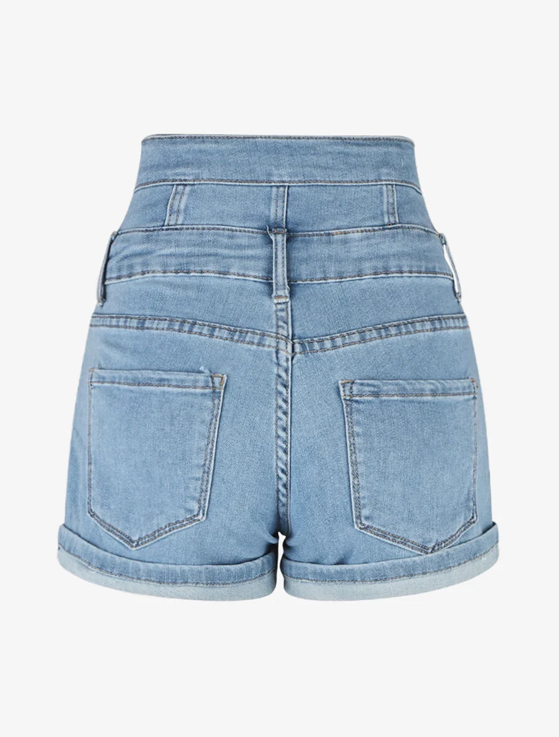 Jeansshort mit hohem Bund und umgeschlagenen Säumen - Blau