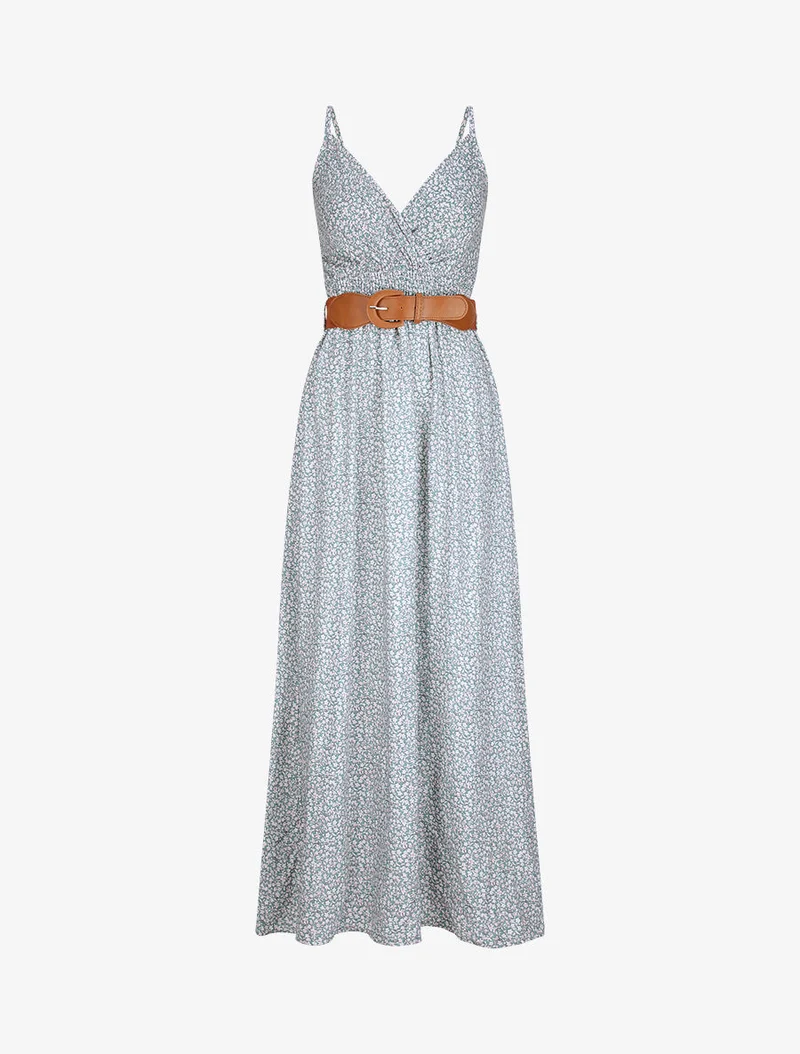 Langes Kleid mit Pfingstrosenprint - Wassergrün