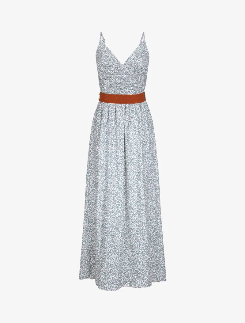 Langes Kleid mit Pfingstrosenprint - Wassergrün
