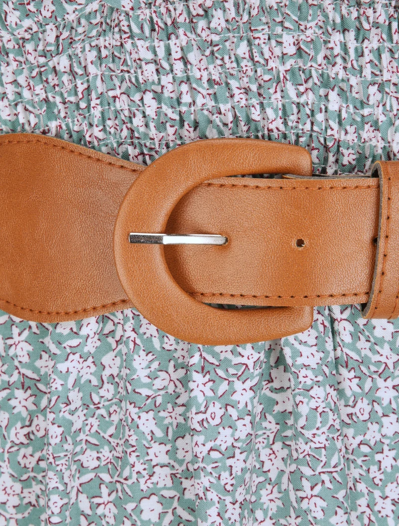 Langes Kleid mit Pfingstrosenprint - Wassergrün