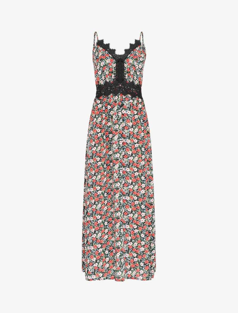 Langes Kleid mit Blumenmuster und feinen Stickereien - Schwarz