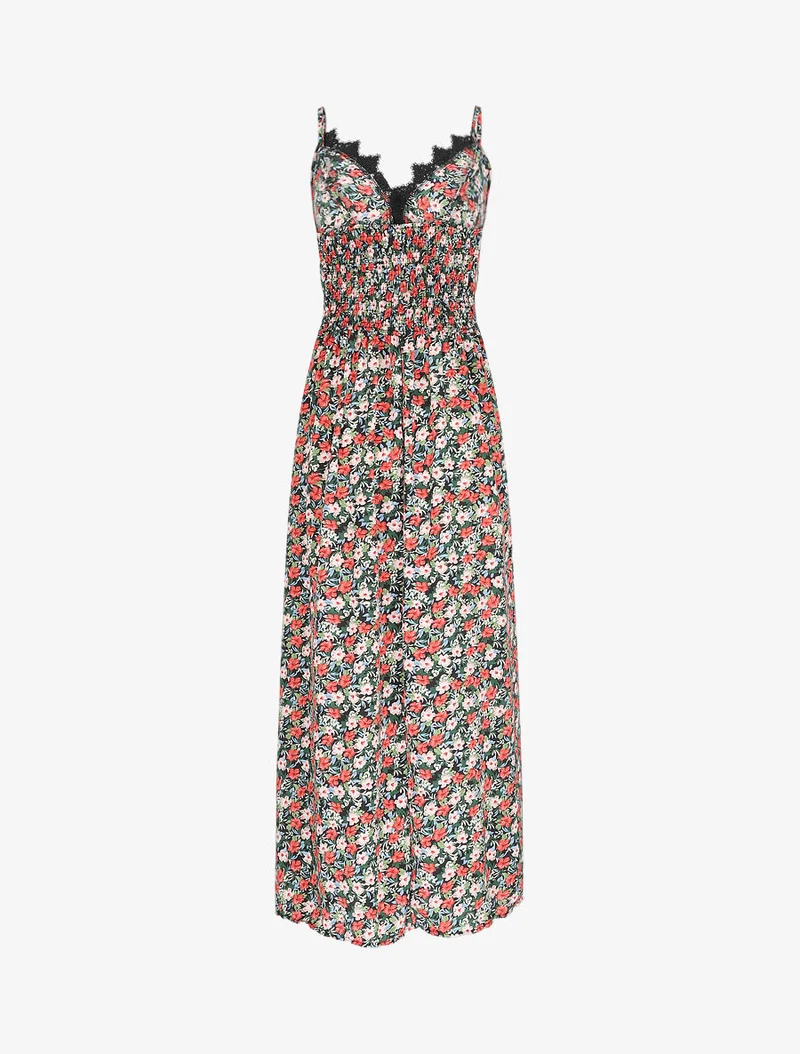 Langes Kleid mit Blumenmuster und feinen Stickereien - Schwarz