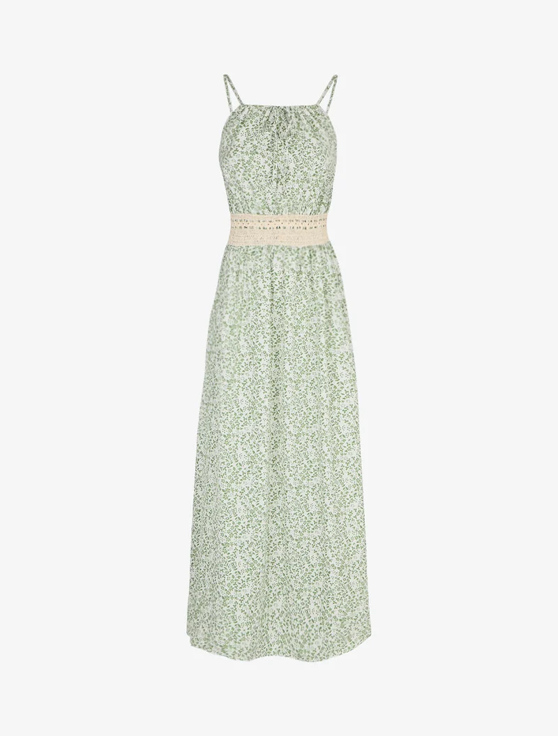 Langes Kleid mit Blumenmuster und bestickter Taille - Wassergrün