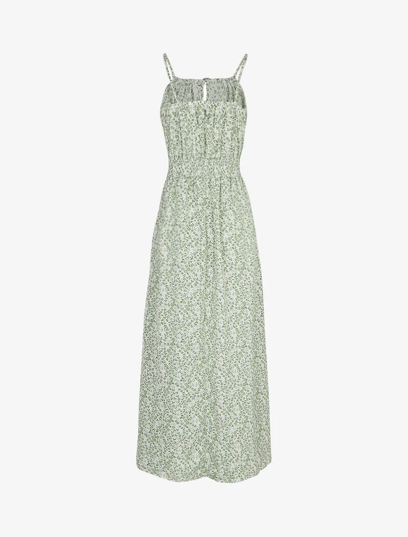 Langes Kleid mit Blumenmuster und bestickter Taille - Wassergrün