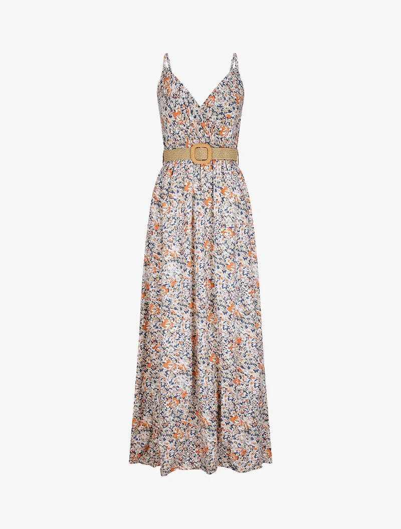 Langes Kleid mit Gänseblümchenmuster - Beige/Marine