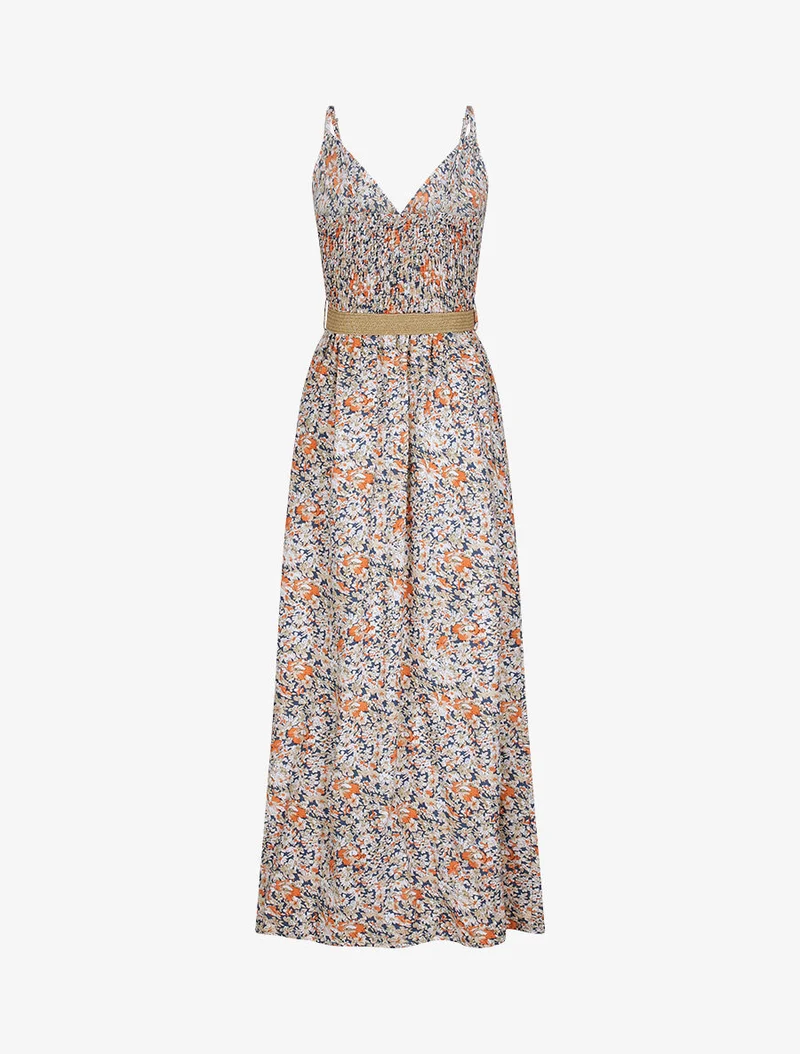 Langes Kleid mit Gänseblümchenmuster - Beige/Marine