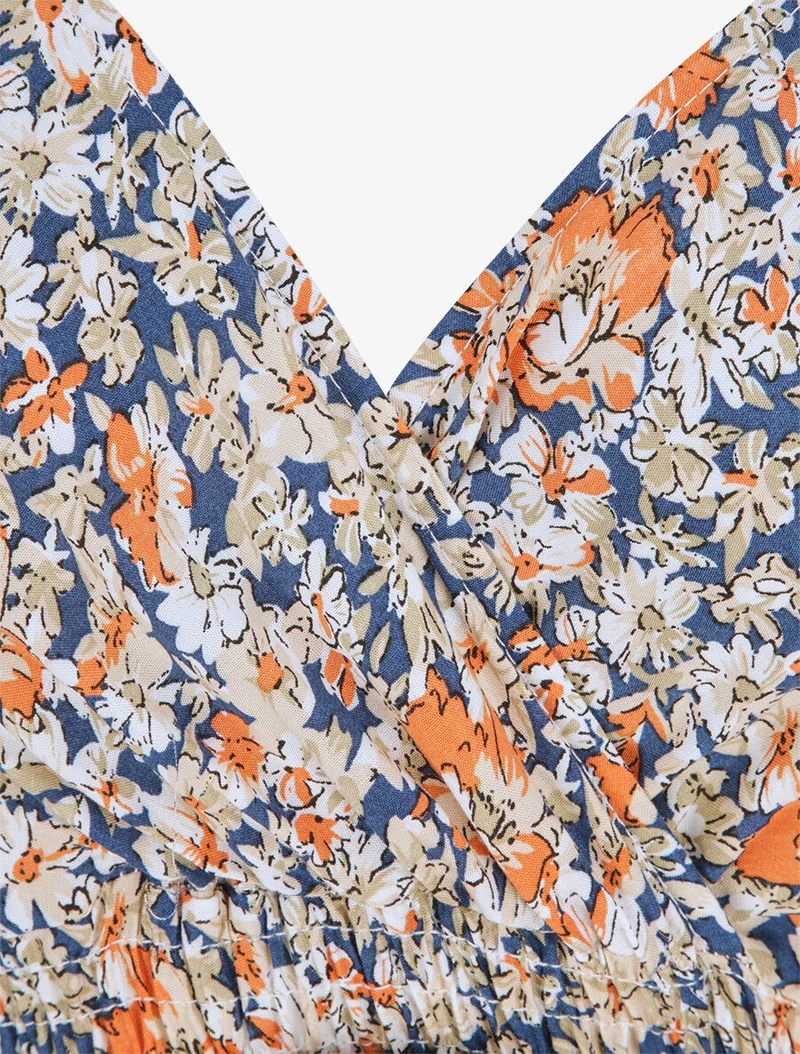 Langes Kleid mit Gänseblümchenmuster - Beige/Marine