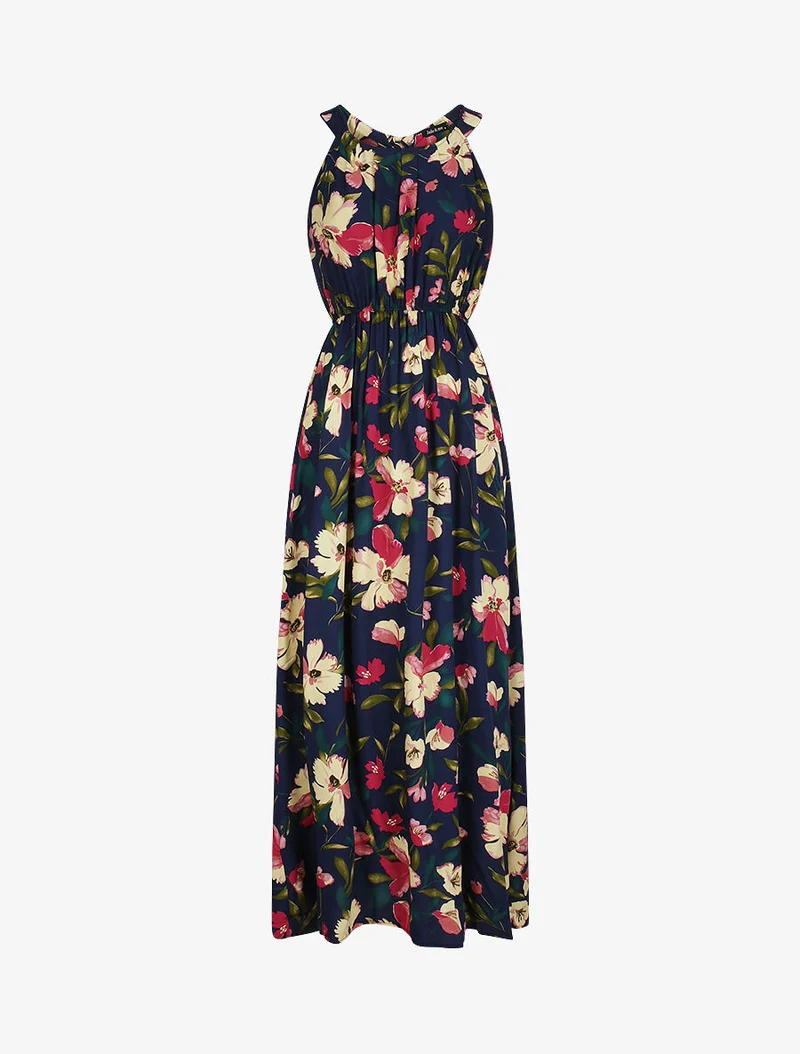 Langes Kleid mit riesigen Gänseblümchen bedruckt - Marine/Rosa