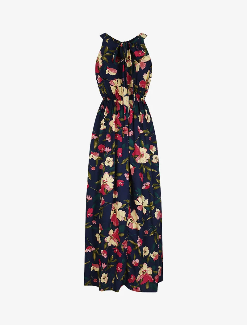 Langes Kleid mit riesigen Gänseblümchen bedruckt - Marine/Rosa